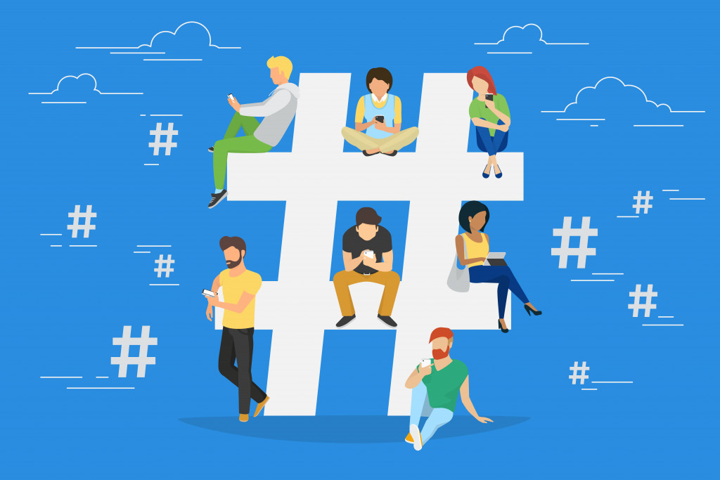 hashtag symbol being seated by animated people